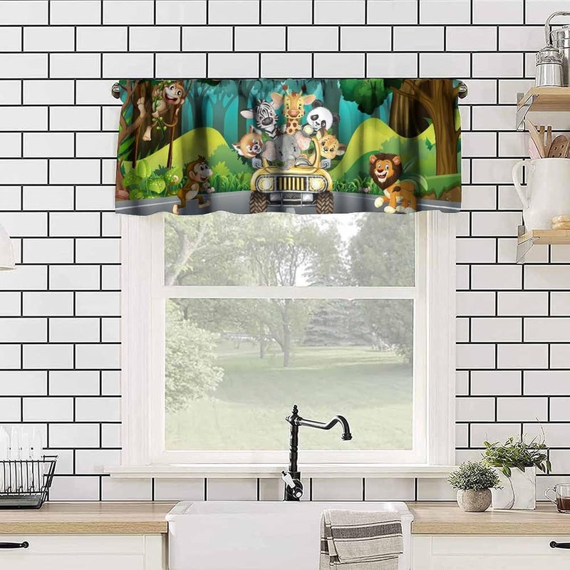 JanJCurt Kids Safari Animals Valance, Tropical Jungle Safari Adventure African Animals Lion Elephant Monkey Blackout Short Window Drape Curtain for Baby Boy Nursery Children Bedroom, 54x18inch - Image 4